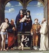 Francesco Francia The Virgin and Child and Saint Anne Enthroned with Saints Sebstian,Paul,John,Lawrence and Benedict oil on canvas